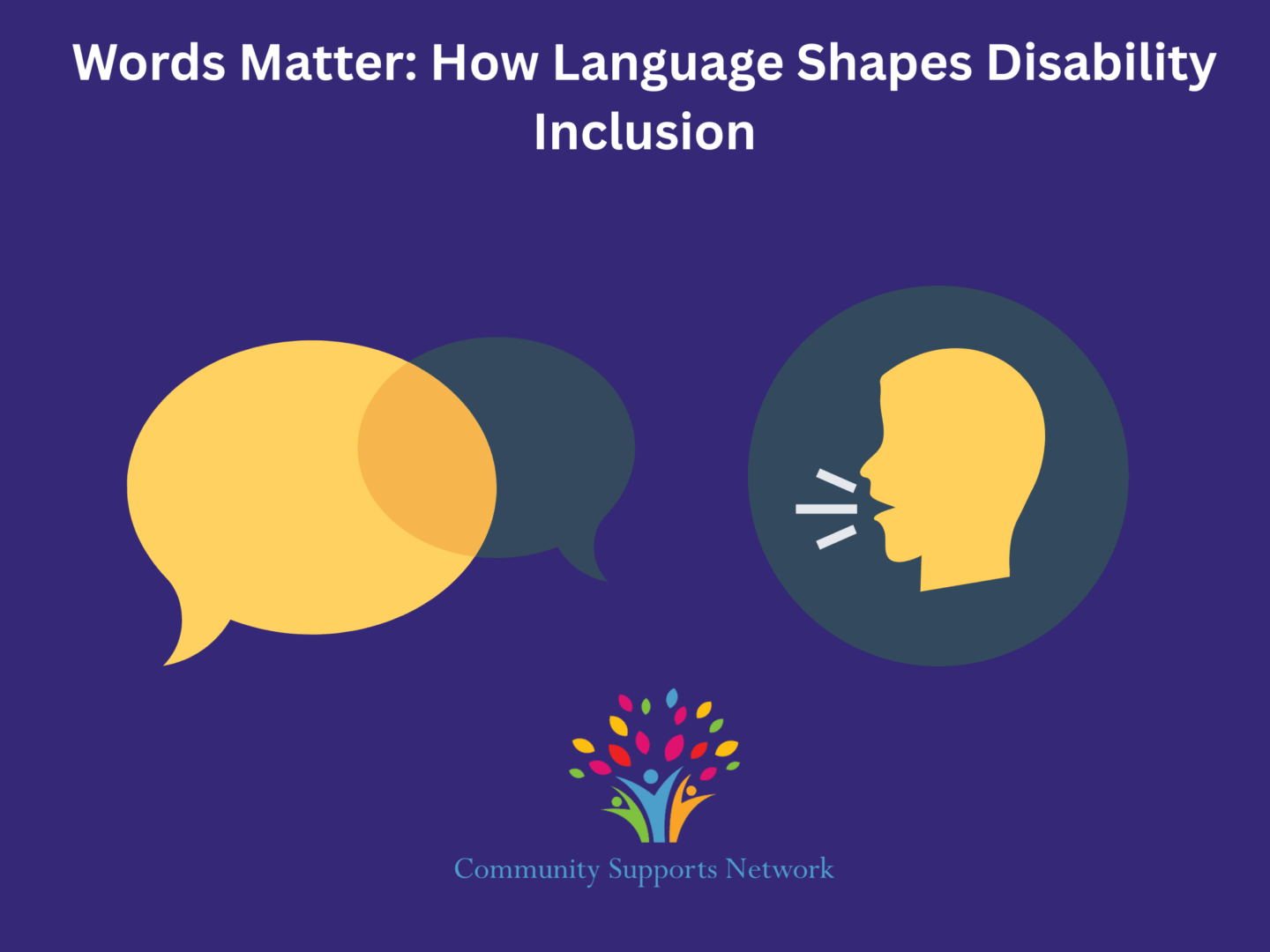 Graphic art illustrating a person speaking words, next to bubbles representing words spoken by others in the same conversation, wherein the language used impacts disability inclusion.