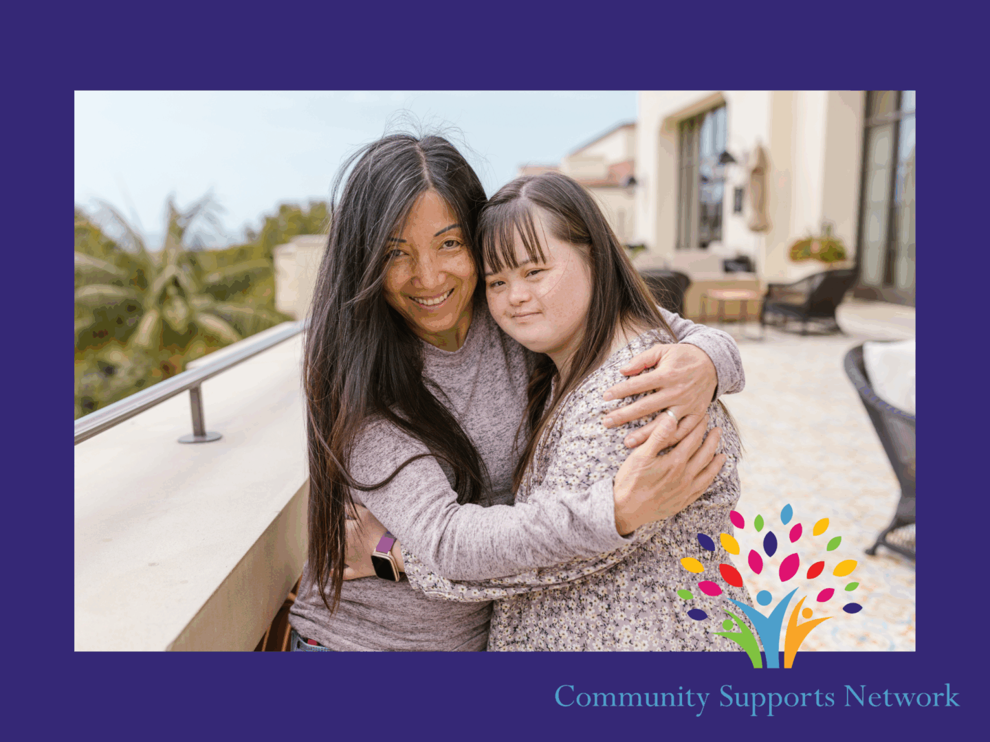 Photo of a direct support professional hugging a young adult with special needs, celebrating National Family Caregivers Month which is so important to our entire team at CSN.  Our company logo appears at the bottom of the image along with our company name "Community Supports Network" below it. 