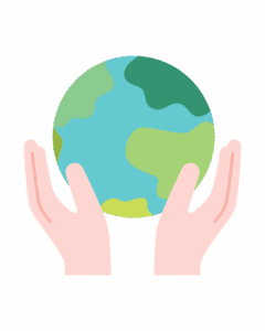 Artwork showing hands up with a globe representing our planet earth, in honor of providing resources to people with disabilities.