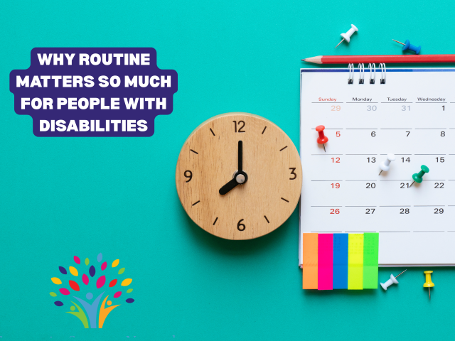 Artwork displaying a clock and a calendar along with our CSN company logo and the words "why routine matters so much for people with disabilities" which we work on every day with our clients.