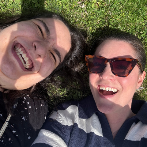 Photo of a client on the left side and Jess on the right, doing her magic as a DSP helping individuals gain independence every day.