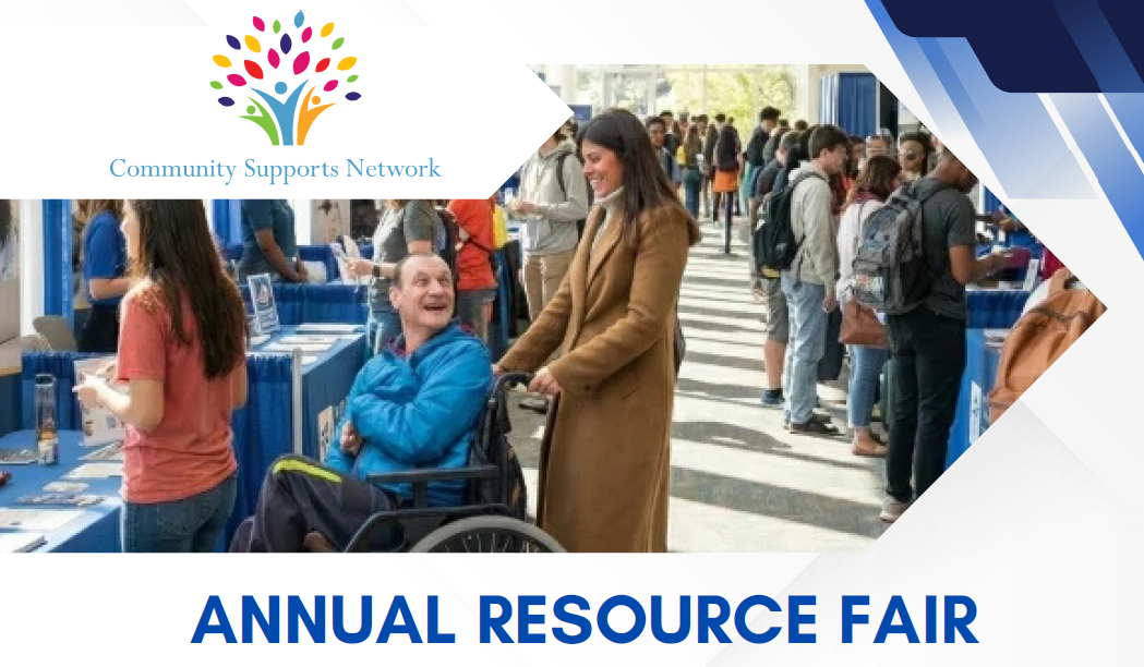Image of a disabled adult with his direct support professional, surrounded by our company logo at top left and with the words "Annual Resource Fair" in large font at the bottom.  Those words describe the expo event taking place on June 23, 2026 for NJ families and guardians looking to find support services for disabled young adult people and relatives. 