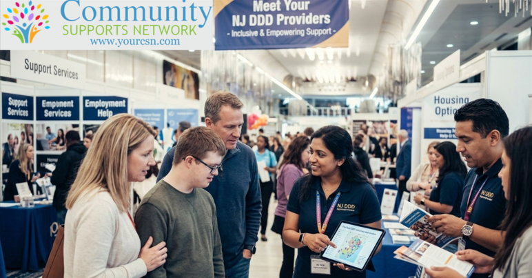 Photo of a family with a young man with a disability attending an expo event where attendees can meet NJ DDD-approved support providers. This is the topic of this blog post announcing our exhibit table at the NJ DDD Annual Resource Fair, also known as the North Jersey Youth Transition Expo event on June 23, 2026!