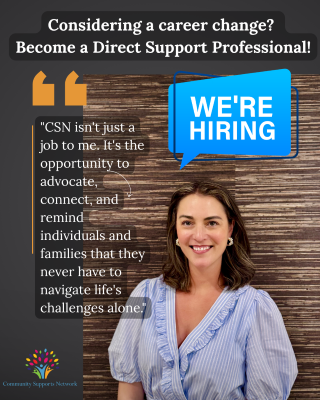 Ad creative with the words "Considering a career change? Become a Direct Support Professional!" at the top. This represents the subject of the job listing on this page.