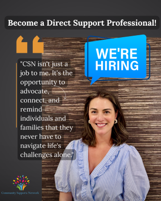 Ad creative with the words "Become a Direct Support Professional!" at the top. This represents the subject of the job listing in Essex County on this page.
