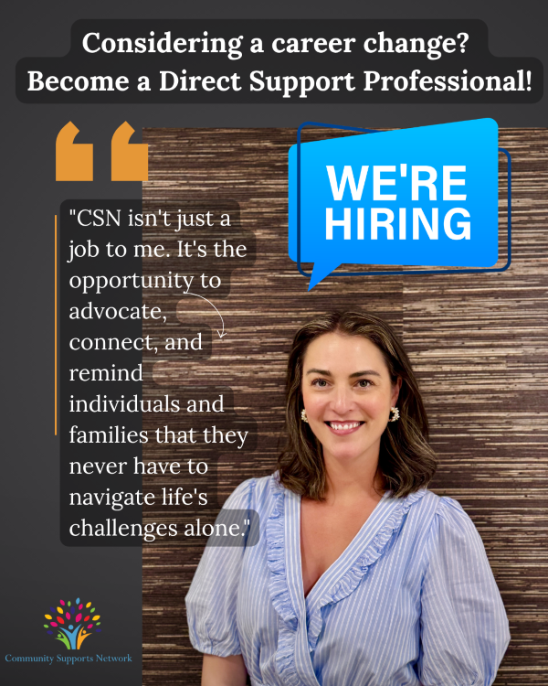 Ad creative with the words "Considering a career change? Become a Direct Support Professional!" at the top. This represents the subject of the Bergen County job listing on this page.