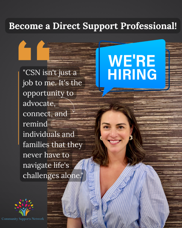 Ad creative with the words "Become a Direct Support Professional!" at the top. This represents the subject of the job listing in Essex County on this page.